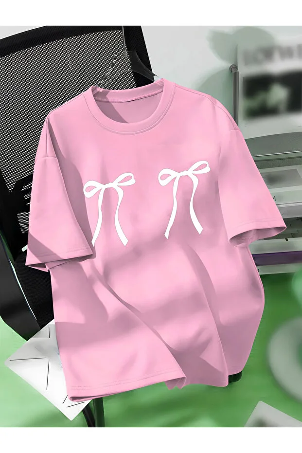 Unisex Erkek/Kadın KURDELE Renkli Özel Baskılı Oversize Pamuklu Bisiklet Yaka T-Shirt Tişört